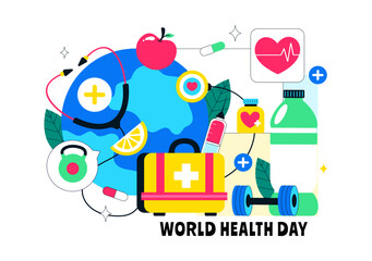 Fototapeta premium World Health Day Vector Illustration on April 7 Featuring Earth And Medical Equipment Highlighting The Importance Of Healthy Lifestyle in Background