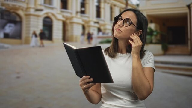 Woman holding black book touches ear and looks up while reading on a cobbled city street; curiosity learning.
