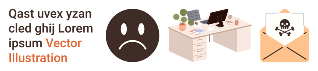 Fototapeta premium Cybersecurity, workplace safety, phishing threats, digital communication, spam alerts, IT security risks. Sad emotion, office desk with computers virus email with skull icon. Cybersecurity