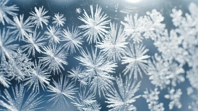 Delicate snowflakes gently falling on a frosty winter landscape, captured from a close-up viewpoint