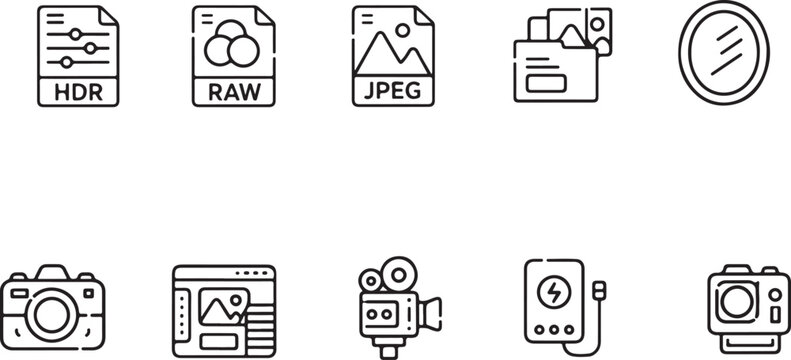A collection of icons representing various image and video file formats and devices isolated on white background, illustration