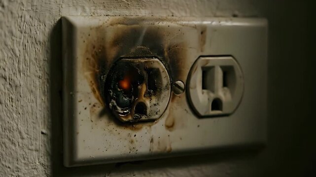 Close up of a damaged electrical outlet showing signs of electrical fire and smoke
