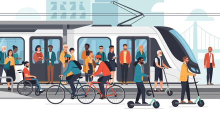 Diverse commuters using sustainable transport like bikes, scooters, and wheelchairs at a modern train station.