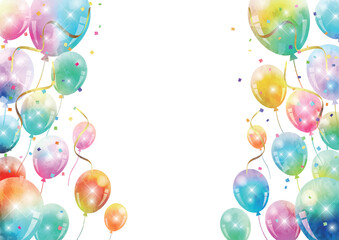 風船フレーム、虹色、キラキラ、かわいい、横、水彩