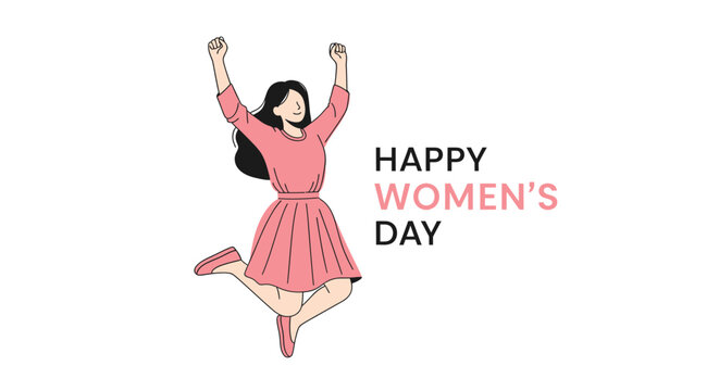 Happy Women's Day celebration illustration with a jumping woman and text