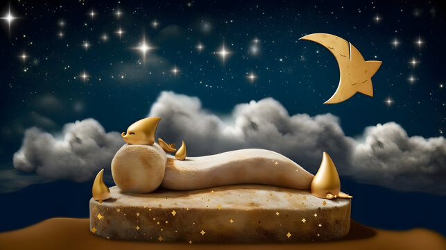 Surreal moonscape with fluffy clouds