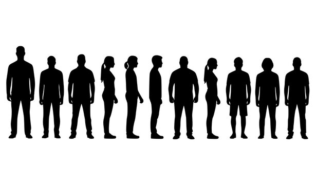 Diverse standing people silhouettes height reference vector set