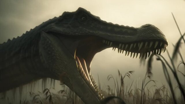 T Rex dinosaur roaring in a prehistoric landscape