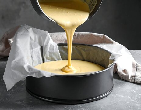 Close-up of batter being poured into a springform pan lined with parchment paper. Light spills over to fill the baking pan