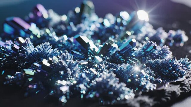 A close-up view of sparkling crystals scattered on a dark surface, reflecting light intensely from a bright source nearby with shiny fragments everywhere