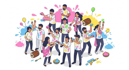 Fototapeta premium Diverse group of people celebrating Holi festival throwing colored powder and playing music flat vector illustration for festive events 
