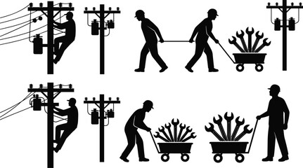 Obraz premium Silhouette illustration of electrical line workers repairing power poles and transporting tools, depicting utility maintenance teamwork, safety, infrastructure service, and industrial labor concept