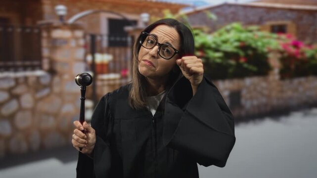 Woman in judge robe holds gavel and clenches fist with visible hand in studio set against stone wall backdrop; judicial skepticism.