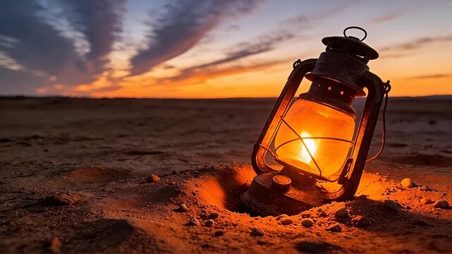 Vintage oil lamp on sand in desert at sunset with warm orange light