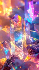 Close-up of crystal formations. Soft focus and vibrant colors create a mystical, ethereal ambiance. Light reflects vividly, enhancing the gem's beauty