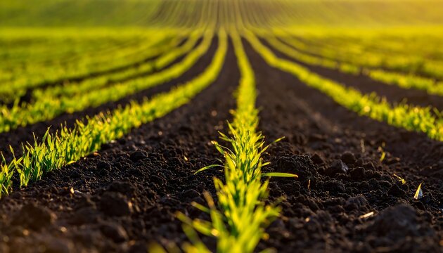Close-up of cultivated rows with emerging green plants, stretching towards the horizon. Sunlight illuminates the scene