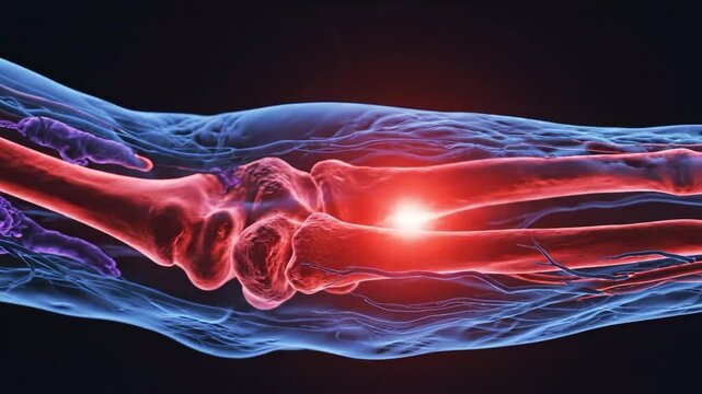Detailed 3d medical illustration of a human elbow joint with a prominent red highlight indicating pain or inflammation, suitable for healthcare advertisement, medical research, anatomy education