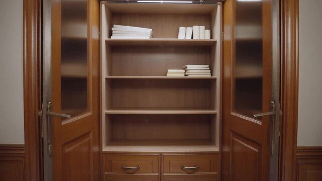 Wooden cabinet with shelves and drawers for storage.