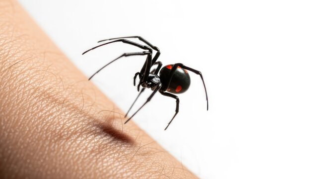 Black widow spider close up on human skin, showcasing a unique and captivating creature with