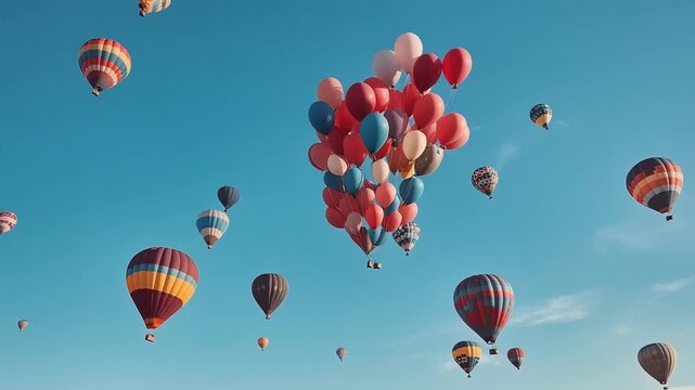 美しい青空にたくさんのカラフルな風船と熱気球が自由に浮かぶお祝いと希望のコンセプト