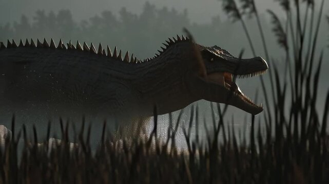 Dinosaur in the misty swamp a prehistoric creature