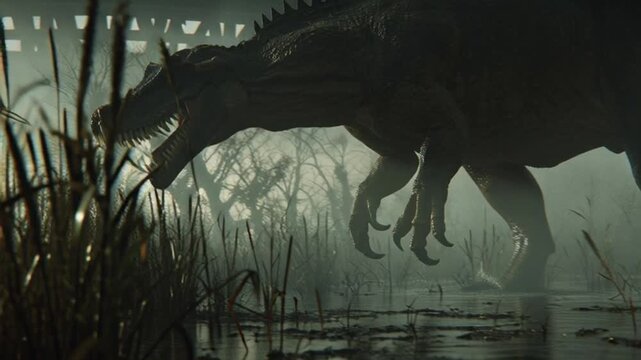 Mysterious dinosaur in a misty swamp environment