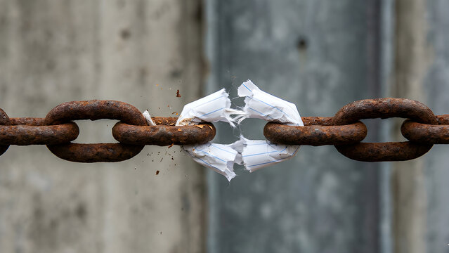 Macro realistic photo of a heavy iron chain with one weak paper link representing vulnerability.