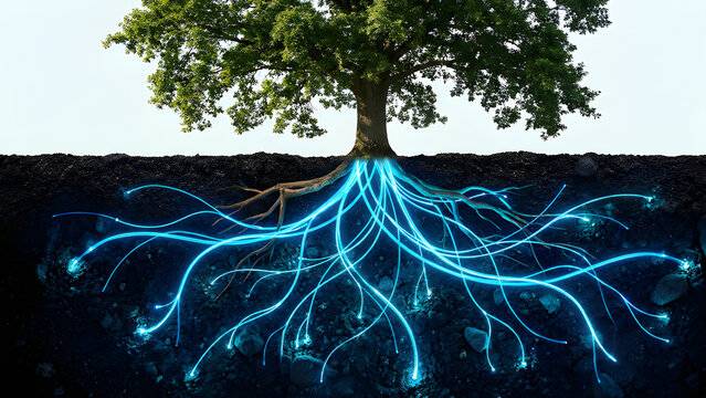 Realistic cross-section photo of a tree with glowing fiber optic roots representing digital transformation.