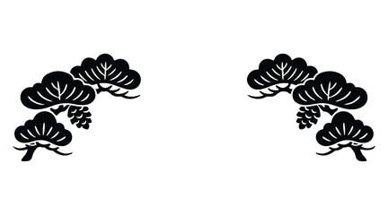 Japanese style pine branch vector silhouette illustration with pinecones and needles.