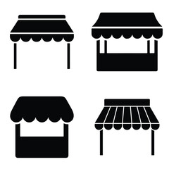 Black and white vector silhouette icon set of market stalls, kiosks and retail booths with awnings.
