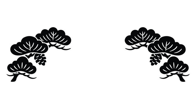 Japanese style pine branch vector silhouette illustration with pinecones and needles.