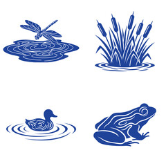 Nature vector illustration set of pond animals including dragonfly, duck, frog and water reeds.