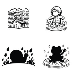 Vector icon set of rainy weather elements including house, child jumping in puddle, snail and frog.