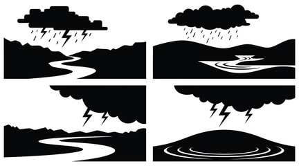 Thunderstorm landscape silhouettes with river, lightning and storm clouds for weather icons