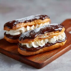 Delicious eclairs with cream and chocolate glaze on wooden board, showcasing French patisserie art in a minimalist culinary setting