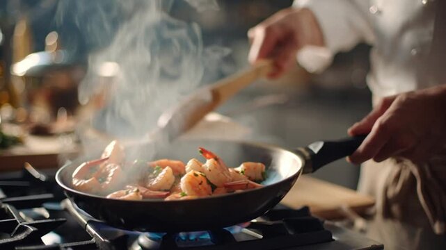 Chef cooking shrimp in a pan on a stovetop