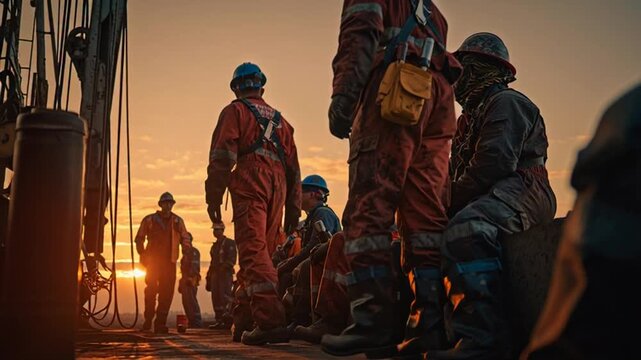 Oil Rig Workers Preparing for Operation at Sunset