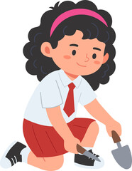 Illustration of a girl planting and nurturing plants, suitable for educational or environmental content.