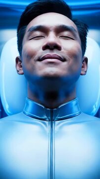 Stasis chamber amid cosmic stars. Hibernated individual in space with active life support. Dormant person in cryogenic sleep amidst stellar environment observing silently