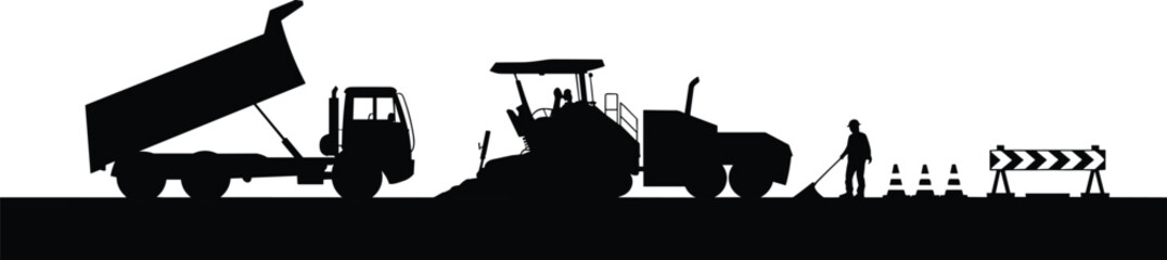 Road construction site silhouette featuring heavy machinery dump truck asphalt paver and worker with traffic cones for infrastructure development industry projects © Ponkaj Creatives