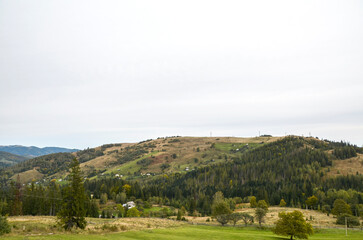 Obraz premium Tranquil rural hillside scene with rolling meadows, scattered farms, and dense forests. Gentle slopes rise to a distant ridge beneath an overcast sky, conveying calm countryside and natural beauty