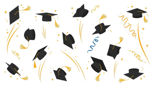 Graduation cap confetti set, flying mortarboard celebration illustration