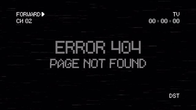 EROR 404 PAGE NOT FOUND Text Video Game Screen with Glitch Effect. 4K Video