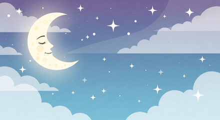 Obraz premium Smiling crescent moon sleeps peacefully under starry night sky with soft clouds