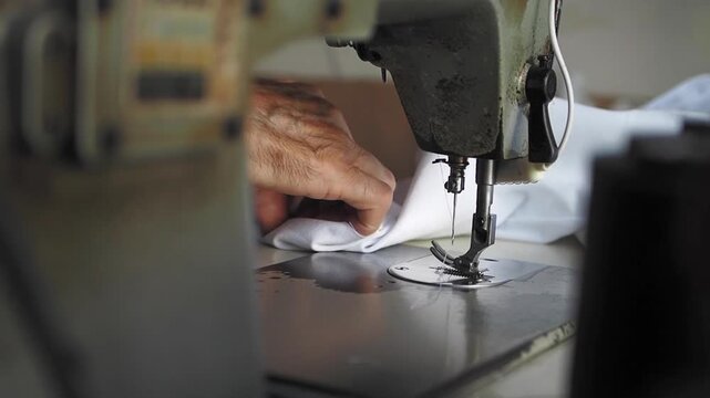 Close-up of old hands operating sewing machine, creating white fabric garment in slow motion, showing intricate needlework