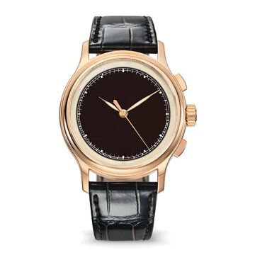 Luxury Rose Gold Wristwatch with Black Leather Strap Isolated on White Background