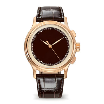 Luxury Rose Gold Wristwatch with Brown Leather Strap Isolated on White Background