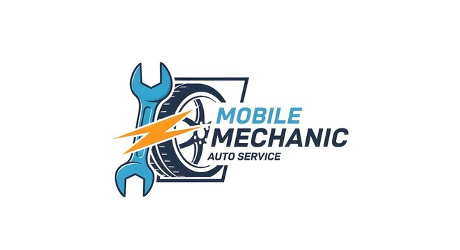 A professional logo for mobile mechanical services featuring a wrench a tire and a lightning bolt symbol