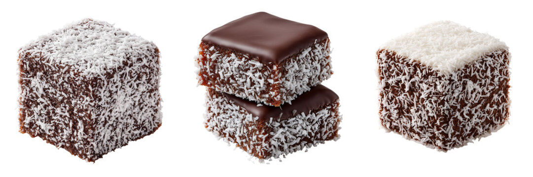 Three chocolate lamington cakes with shredded coconut coating and chocolate icing isolated on a transparent background