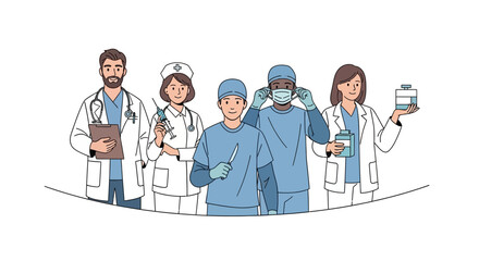 Line Art Diverse Team of Medical Professionals Illustration in Group Setting